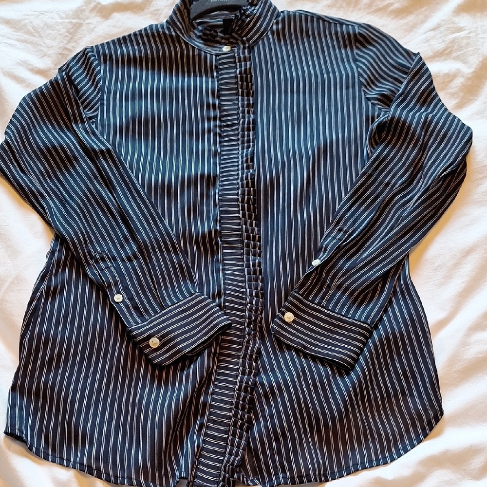 Banana Republic Blue Striped Blouse with Mandarin Collar